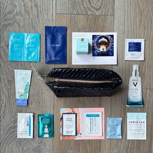 13 Skincare Travel/Samples & Blue Metallic Quilted Cosmetic Accessory Bag-9”x4”